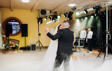 Lovely bride and handsome groom dancing the first dance at the wedding using smoke.