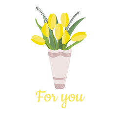 Beautiful blooming flower in a vase and jars. Isolated on white background. Decorative element for floral designs. Vector illustration in a flat style.