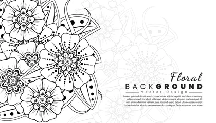Tuinposter Background with mehndi flowers. Black lines on white background. Banner or card template. © REZI
