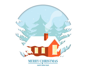 Merry Christmas Happy New Year With A House In Winter Forest Paper Concept