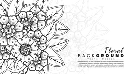 Background with mehndi flowers. Black lines on white background. Banner or card template.