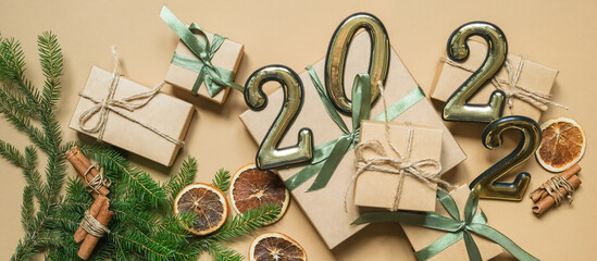 Christmas gift zero waste, eco friendly hand made box packaging gifts in kraft paper wooden table, eco christmas holiday concept, Christmas gift wrapping,eco decor banner