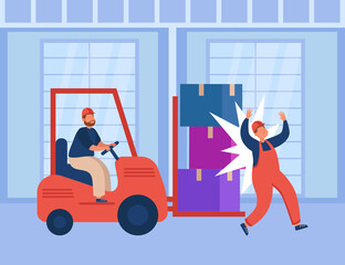 Factory accident with worker in warehouse. Injured male employee from forklift controlled by driver flat vector illustration. Risk of injury, insurance, compensation for damage to health concept © PCH.Vector