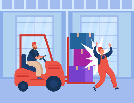 Factory accident with worker in warehouse. Injured male employee from forklift controlled by driver flat vector illustration. Risk of injury, insurance, compensation for damage to health concept