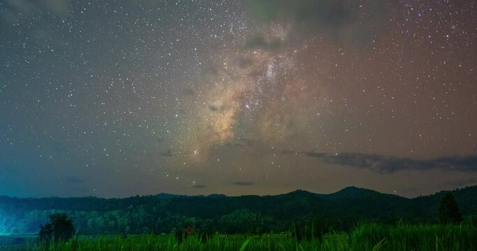 Motion Time lapse of The Milky Way  in night sky over the paddy field with a photographer set up a camera to photograph astronomy at Mae Hong Son Northern Thailand.