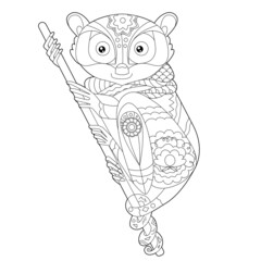 Cute animal tarsier. Doodle style, black and white background. Funny animal, coloring book pages. Hand drawn illustration in zentangle style for children and adults, tattoo.