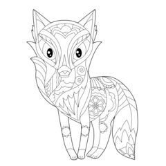 Cute animal fox. Doodle style, black and white background. Funny animal, coloring book pages. Hand drawn illustration in zentangle style for children and adults, tattoo.