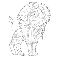 Cute animal lion. Doodle style, black and white background. Funny animal, coloring book pages. Hand drawn illustration in zentangle style for children and adults, tattoo.