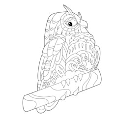 Cute bird owl. Doodle style, black and white background. Funny animal, coloring book pages. Hand drawn illustration in zentangle style for children and adults, tattoo.