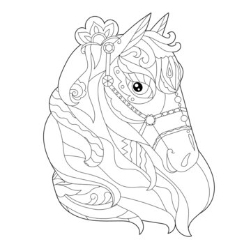 Contour linear illustration for coloring book with decorative horse head. Animal,  anti stress picture. Line art design for adult or kids  in zen-tangle style, tattoo and coloring page.