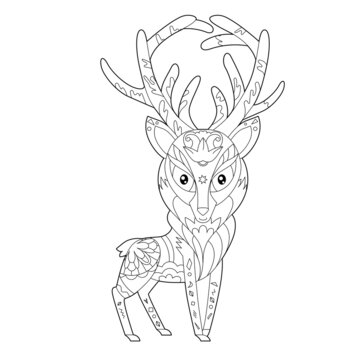 Cute animal reindeer. Doodle style, black and white background. Funny animal, coloring book pages. Hand drawn illustration in zentangle style for children and adults, tattoo.