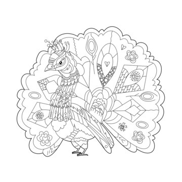 Cute bird peacock. Doodle style, black and white background. Funny animal, coloring book pages. Hand drawn illustration in zentangle style for children and adults, tattoo.
