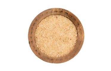 rice  grain brown in wood bowl on white background.