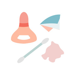 Cosmetics, makeup elements and skincare icons set with simple design, foundation, serum, cream, powder, brush, eye shadow, blush on, lipstick, mascara, mirror and comb. A Vector Illustration