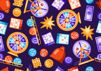 Lottery and bingo seamless pattern. Icons of gambling or online games.