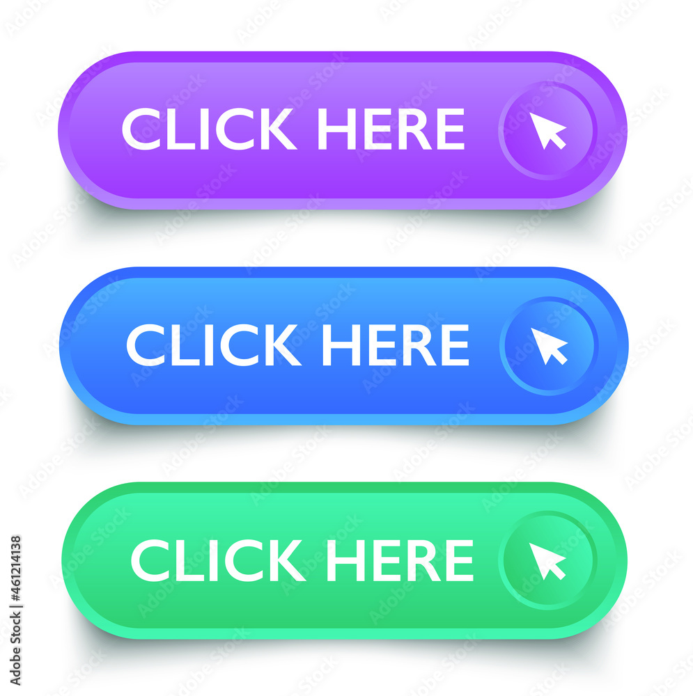 Poster click here button set. click here square 3d push button. vector illustration