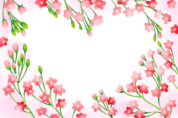 Branch of the pink watercolor flower heart shaped frame. Happy valentine's day