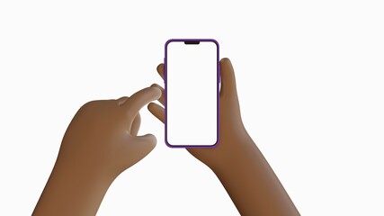 Brown cartoon hand holding a smartphone in vertical position. Isolated hand and smartphone with white background.
