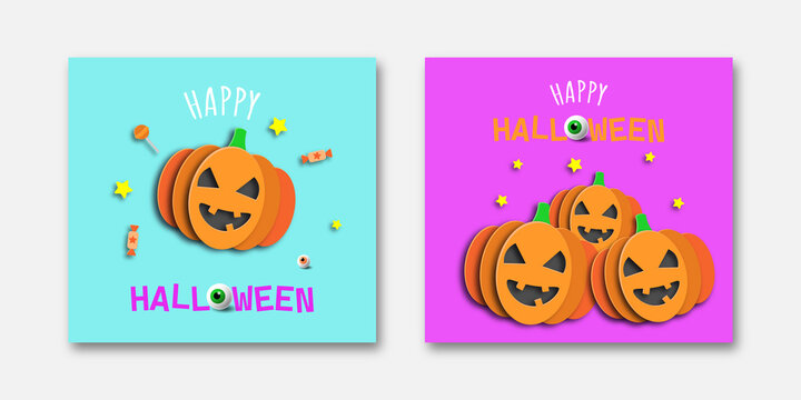 Set of Halloween banners, greeting cards or posters with pumpkins,, candy, monster eyes. Design template for advertising, internet, social networks. Paper cut style