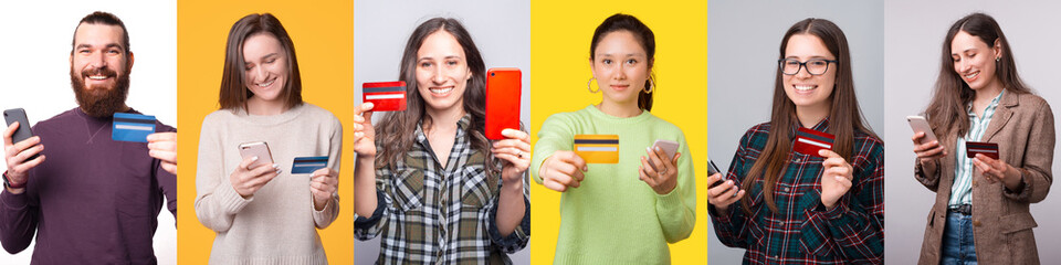 Six photos of five people enjoying their credit cards while shopping online.