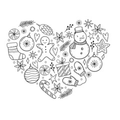 Doodle Christmas Heart with holiday elements. Winter hand-drawn illustration.