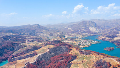 Fire in Turkey in 2021. Green canyon. Manavgat. Taurus Mountains. Burnt forest. View from above. Drone shooting