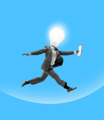 Fototapeta na wymiar Contemporary art collage. Business concept. Composition with young manager, leader jumping, flying isolated on abstract background