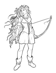 Princess with flowing hair, bow and arrows. Fairytale character design. Black and white vector illustration