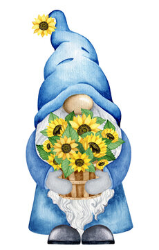 Little cute autumn gnome with sunflower bouquet. Hand drawn watercolor  child illustration. Printable art.  Isolated clipart element on white background.