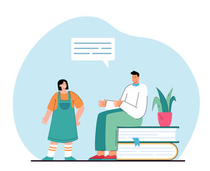Girl talking to guy sitting on books pile. Flat vector illustration. Man and woman communicating sharing thoughts. Literature, education, imagination concept. Web page landing.
