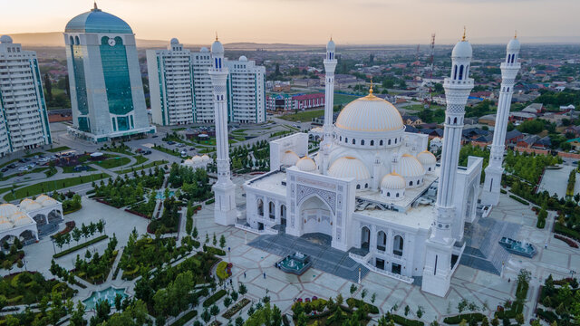 Muslims' Pride Mosque in Shali, Chechen Republic, Russia. Aerial View