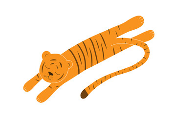 The tiger is orange, in a strip, it lies stretched out with its paws forward and backward with closed eyes.Colored doodle style illustration isolated on white background.