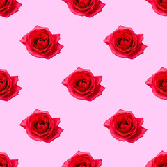 Beautiful seamless floral pattern with fresh red roses on pink background