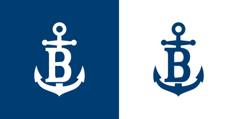 Logotipo con letra inicial B en silueta de ancla de barco en fondo azul y fondo blanco © teracreonte