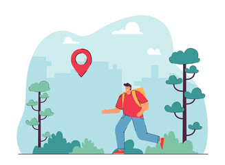 Man traveler walking in forest with online GPS tracking. Male backpacker tourist traveling hiking in mountains using internet navigation app moving on pin. Cartoon flat vector illustration.
