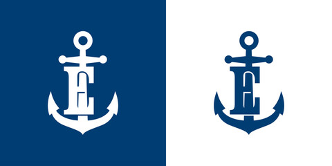 Logotipo con letra inicial E en silueta de ancla de barco en fondo azul y fondo blanco
