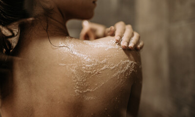 Adult woman, calming herself after being scared.