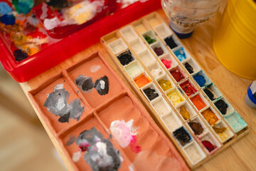 paintbrush art for using by artist, creative craft brush paint with water or oil color on studio background, palette tool equipment design