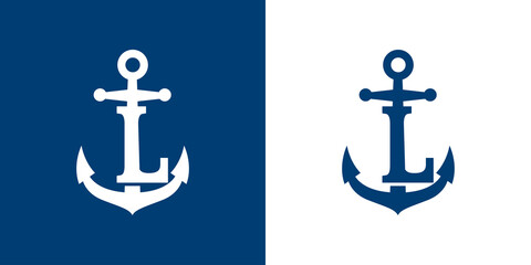 Logotipo con letra inicial L en silueta de ancla de barco en fondo azul y fondo blanco © teracreonte