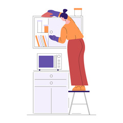 Young woman does cleaning wipes dust from furniture. Vector illustration in flat style.