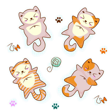 Set of cute cats in anime kawaii style isolated on a white background