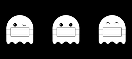 Cute ghosts in masks. Set of 3 ghosts on black background. Vector illustration