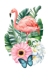 Watercolor palm leaves, flowers and birds. Illustration plumeria, butterfly blue swallowtail and pink flamingo