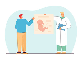 Male cartoon doctor showing student infographic with baby. Man learning about embryos flat vector illustration. Embryology, biology, fertilization concept for banner, website design or landing page