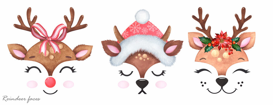Watercolor illustration. Christmas reindeer faces on a white background. Christmas holiday.