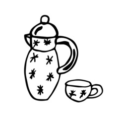 Doodle-style tableware set: jug and cup with snowflake pattern