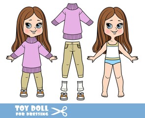 Cartoon girl with straight hair dressed and clothes separately - long warm sweater, sand-colored jeans, sneakers doll for dressing