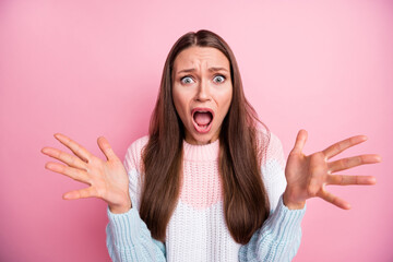 Photo portrait of angry crazy woman shouting having conflict arguing isolated on pastel pink color...