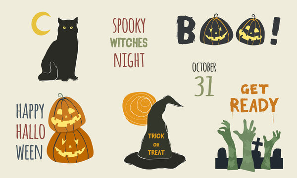 Halloween elements set with spooky icons of black cat, pumpkins Jack o' Lantern, Boo! lettering, witch hat with Trick or Treat text, moon, zombie hands in cementery, Get ready...Vector, flat and lined