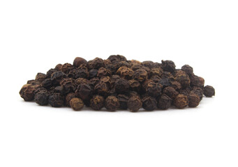 Heap of black peppercorns, black pepper seeds isolated on white